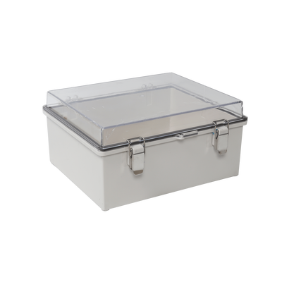 [PST-1722-11ET] Gabinete Plástico ABS, Puerta Transparente, Uso en Intemperie IP66 (170 x 220 x 110 mm) Cierre por Broches Inoxidables y Permite Cerrado por Candado y Llave (Perno 5mm) No Incluido