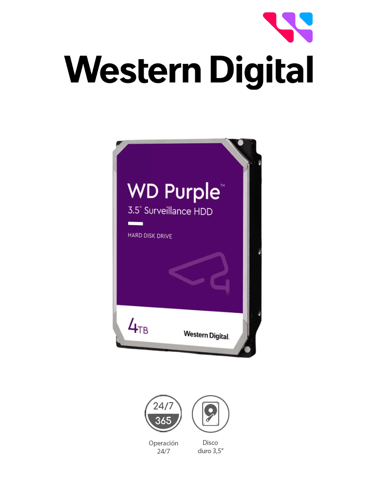 [WD43PURZ] WESTERN DIGITAL WD43PURZ -  Disco Duro de 4TB Purple/ Especial para Videovigilancia/ Trabajo 24/7/ Interface: Sata 6 Gb/s/ Hasta 64 Cámaras/ Hasta 16 Bahías de Discos Duros/ 180Mb/S /3 Años de Garantía